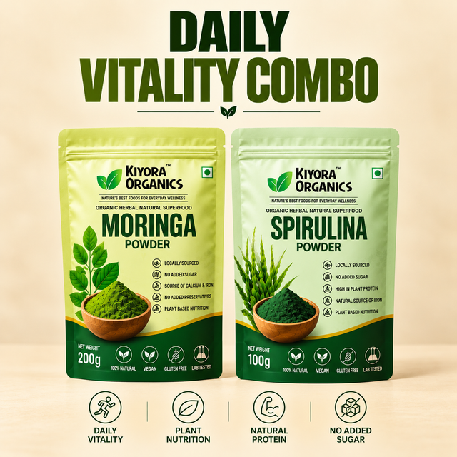 Kiyora Organics Daily Vitality Combo: Moringa Powder 200g and Spirulina Powder 100g pouches