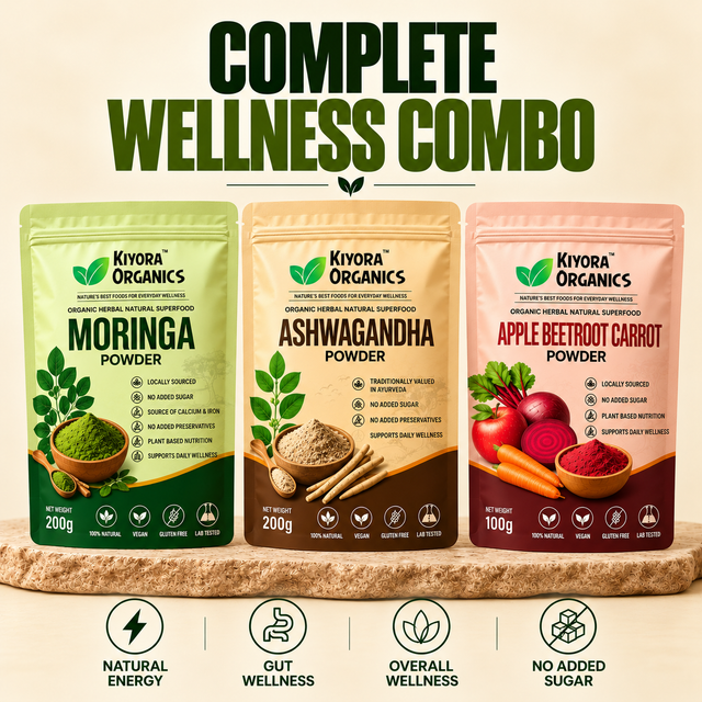 Kiyora Organics Complete Wellness Combo: Moringa Powder 200g, Ashwagandha Powder 200g and Apple Beetroot Carrot Powder 100g pouches