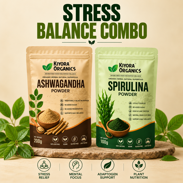 Kiyora Organics Stress Balance Combo: Ashwagandha Powder 200g and Spirulina Powder 100g pouches