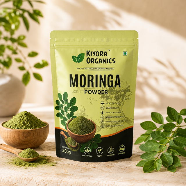 Kiyora Organics Moringa Leaf Powder pouch, 200g, on a white background