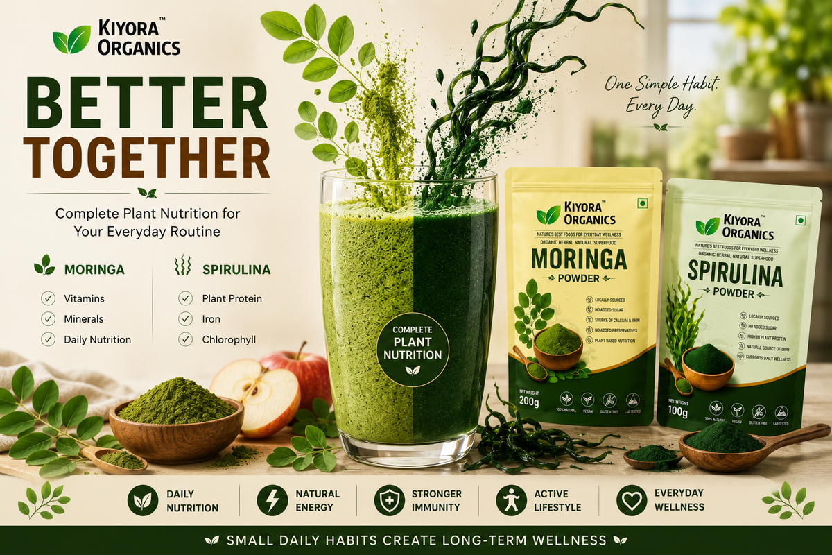 Kiyora Organics Daily Vitality Combo Moringa and Spirulina powders with fresh ingredients