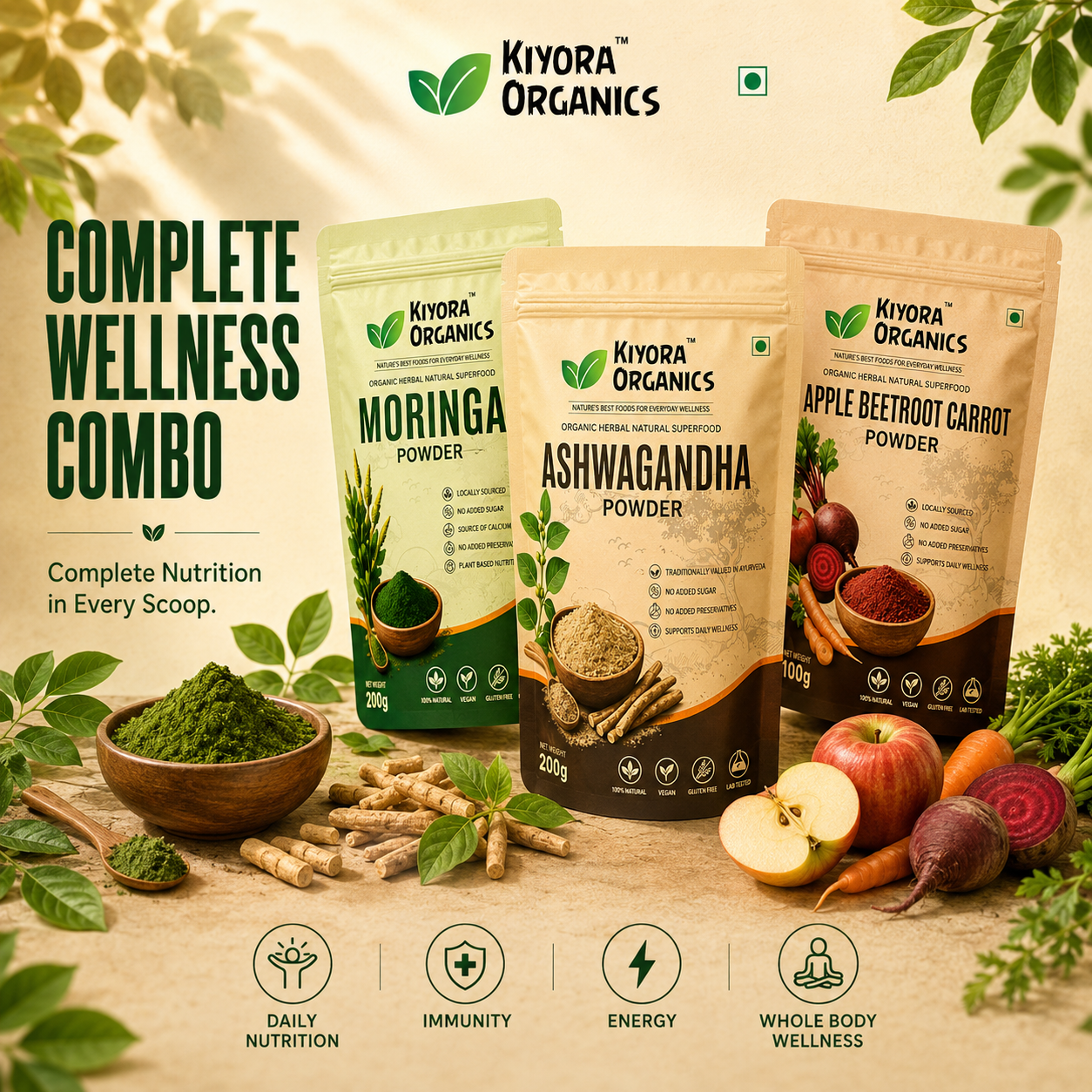 Complete Wellness Combo | Moringa Powder + Ashwagandha Powder + Apple Beetroot Carrot Powder