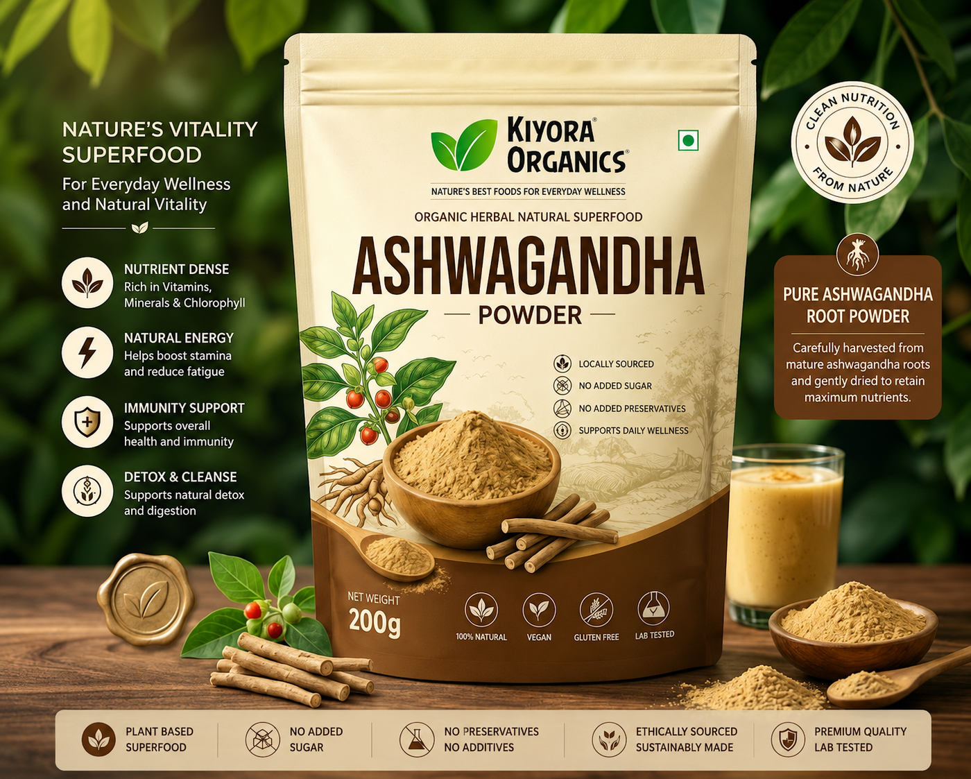 Kiyora Organics Ashwagandha Root Powder | 100% Pure & Natural