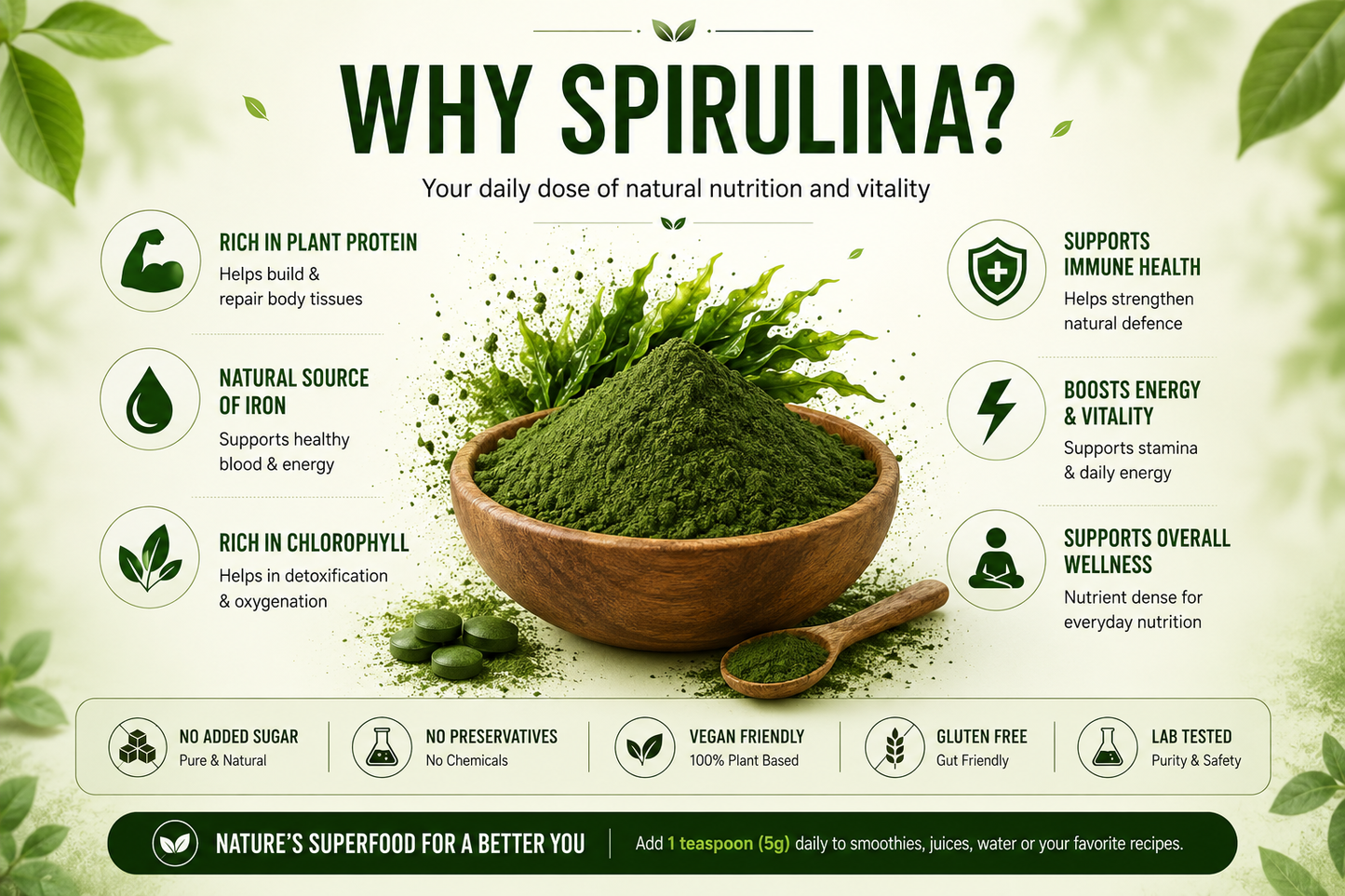 Kiyora Organics Spirulina Powder | 100% Pure & Natural | 200g