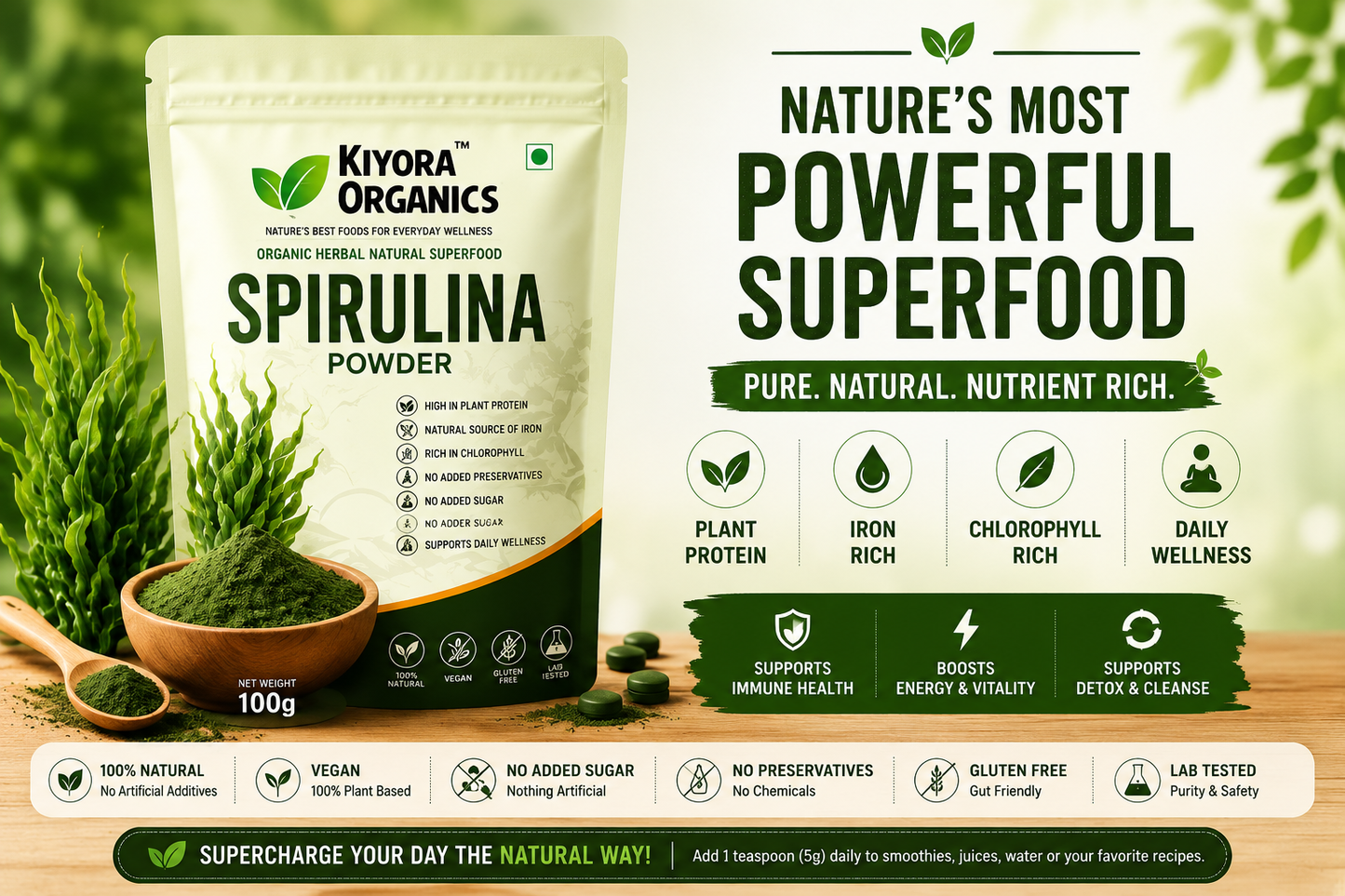 Kiyora Organics Spirulina Powder | 100% Pure & Natural | 200g