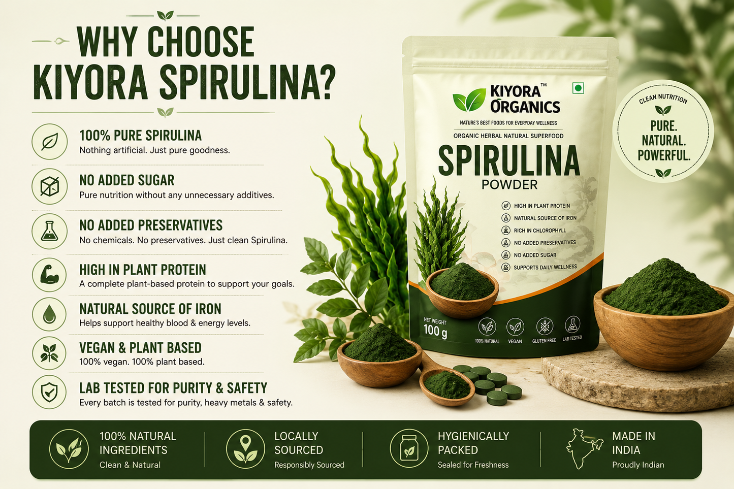 Kiyora Organics Spirulina Powder | 100% Pure & Natural | 200g