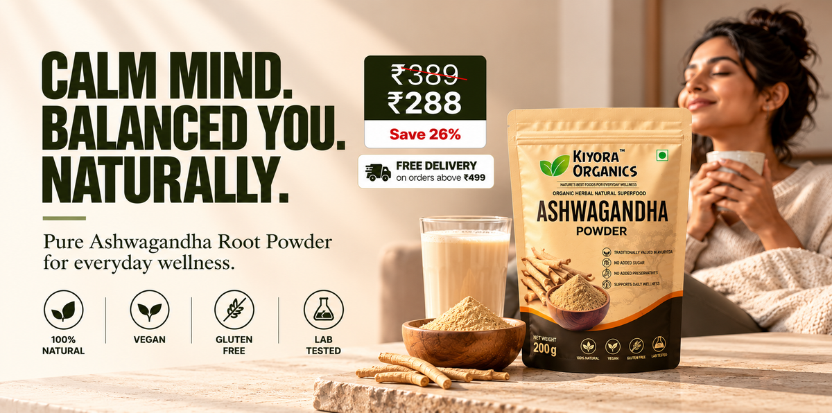 Kiyora Organics Ashwagandha Root Powder 200 g. ₹288, MRP ₹389, save 26%. Free delivery on orders above ₹499.