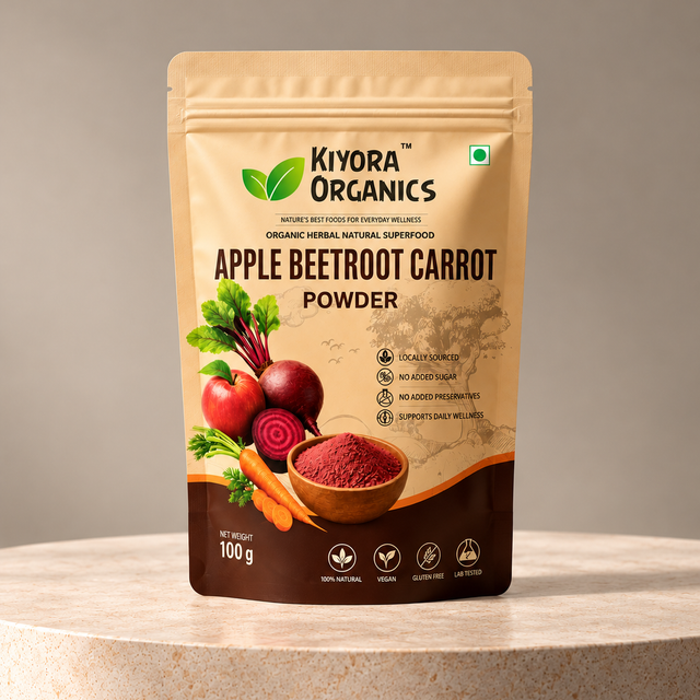 Kiyora Organics Apple Beetroot Carrot Powder pouch, 100g, on a stone pedestal