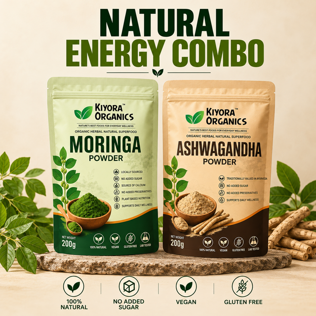 Kiyora Organics Natural Energy Combo: Moringa Powder 200g and Ashwagandha Powder 200g pouches