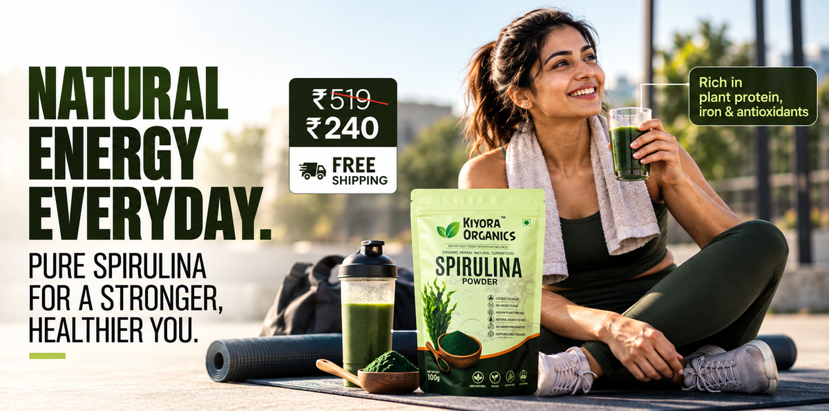 Pure spirulina from Kiyora Organics. Spirulina Powder 100 g, rich in plant protein, iron and antioxidants. Free shipping above ₹499.