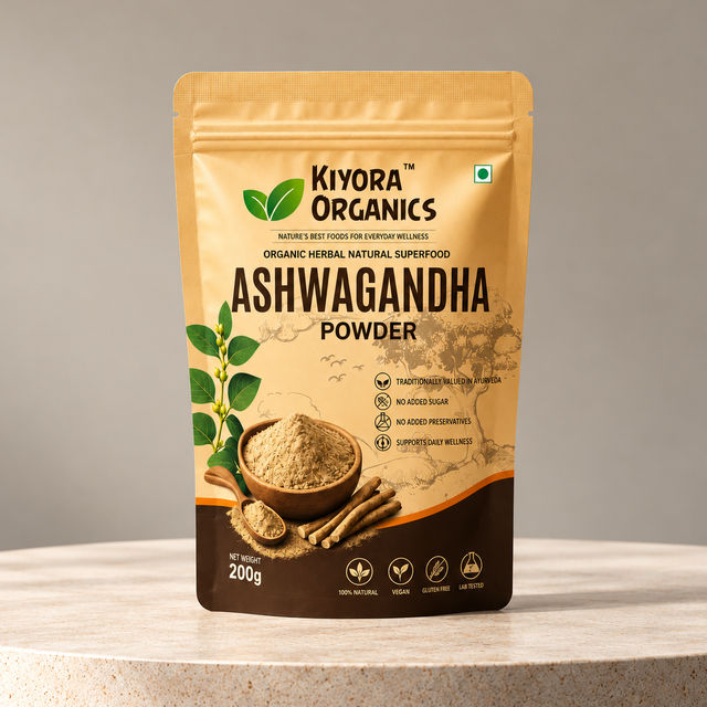 Kiyora Organics Ashwagandha Root Powder pouch, 200g, on a stone pedestal