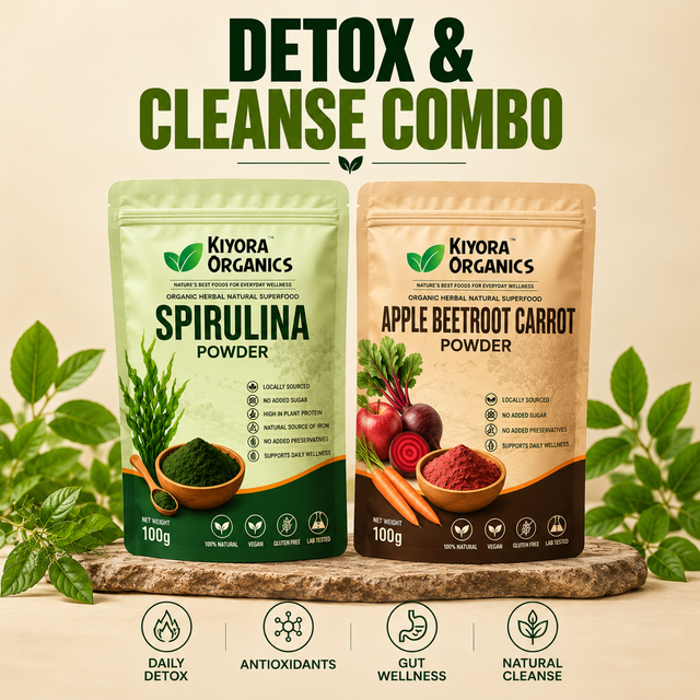 Kiyora Organics combo: Spirulina Powder 100g and Apple Beetroot Carrot Powder 100g pouches