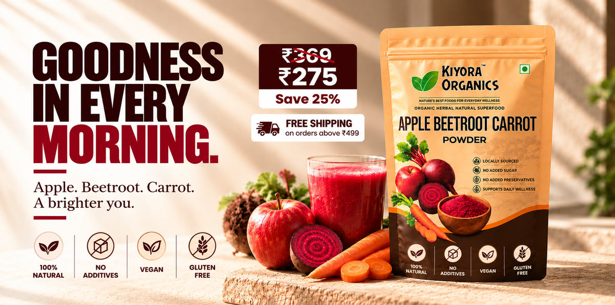 Kiyora Organics Apple Beetroot Carrot Powder 100 g. ₹275, MRP ₹369, save 25%. 100% natural, no added sugar, vegan, gluten free. Free shipping on orders above ₹499.