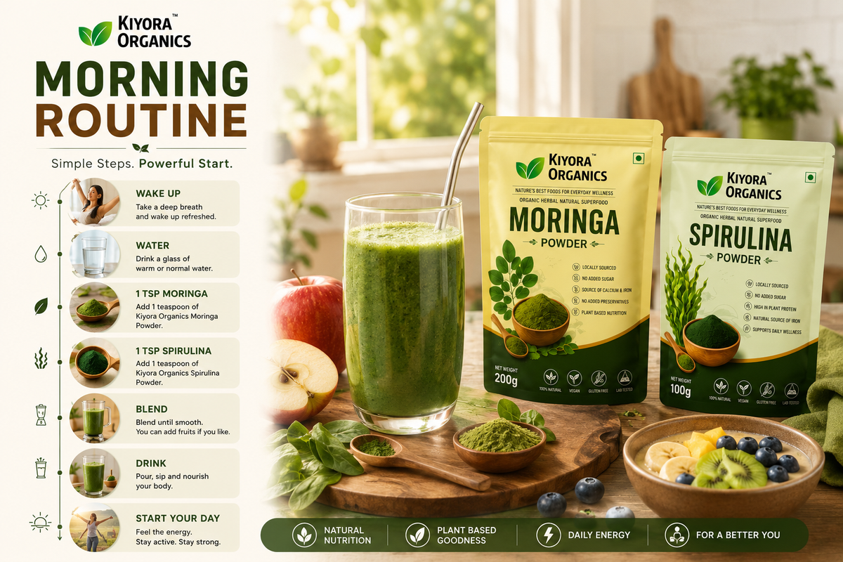 Infographic highlighting the benefits of Kiyora Organics Daily Vitality Combo — Moringa and Spirulina Powder